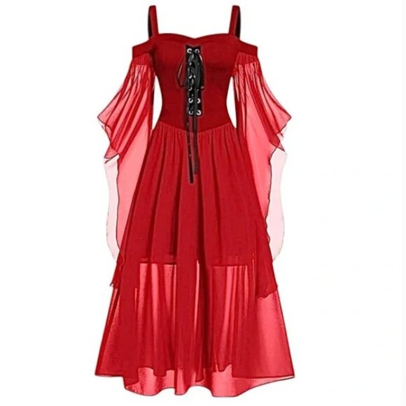 Renaissance Faire Gothic Vampire Red Dress Off-Shoulder Lace-up Dramatic Sleeves - Picture 2 of 15
